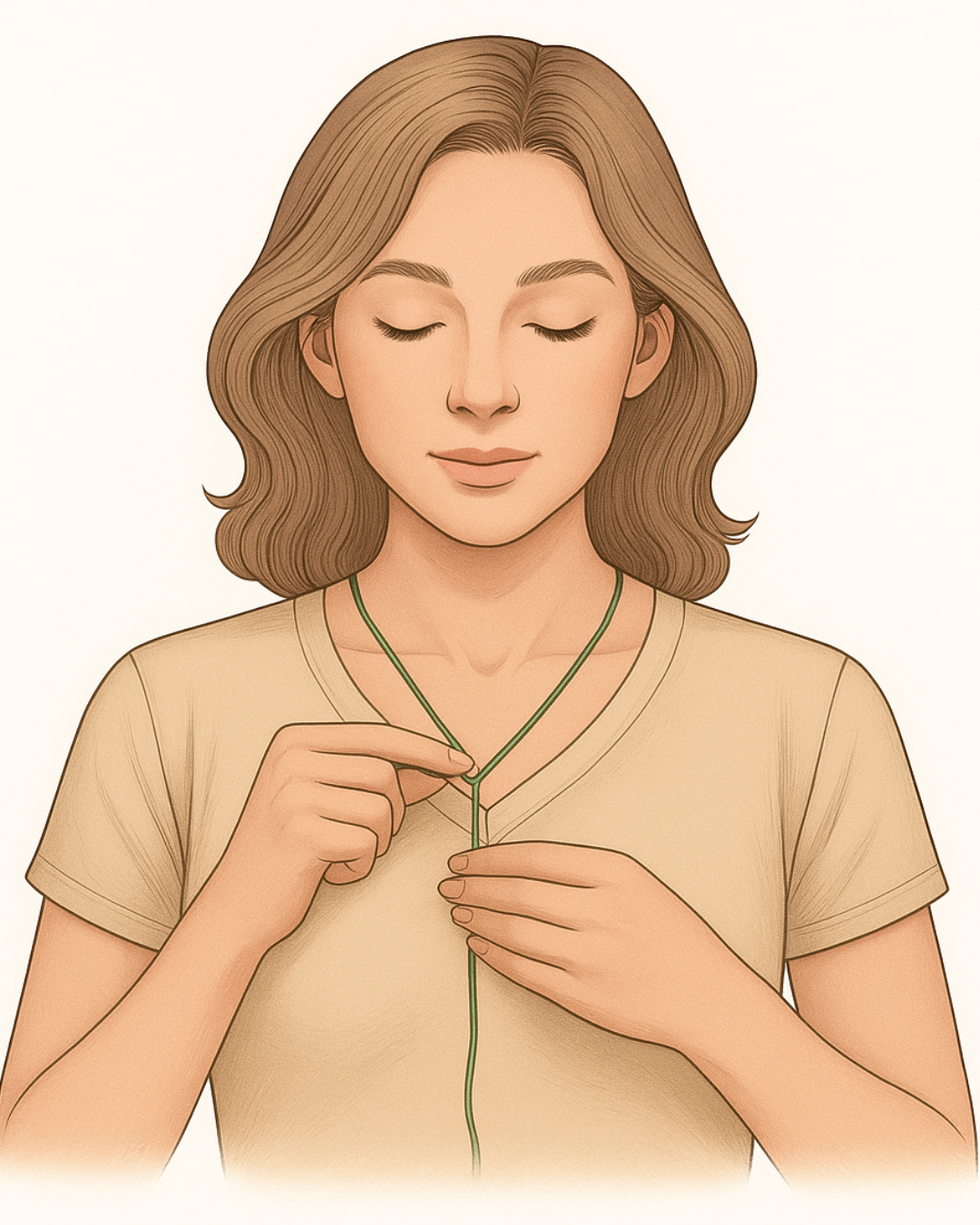 Kvinde viser hvordan du måler din halskædelængde med en snor for at finde den rigtige kædelængde.